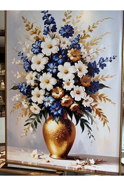 ROSSEV Aynalı Çerçeve Tablo – Gold Vazo ve Mavi-Beyaz Çiçek Aranjmanı 110x80 cm