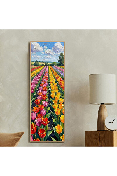 Tuba Decor Tek Parça Gerçek Ahşap dikey Panorama Çerçeveli Tablo lale bahçesi