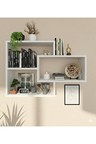 woodeska Sage Beyaz Duvar Rafı - Duvar Kitaplığı - Dekoratif Kitaplık