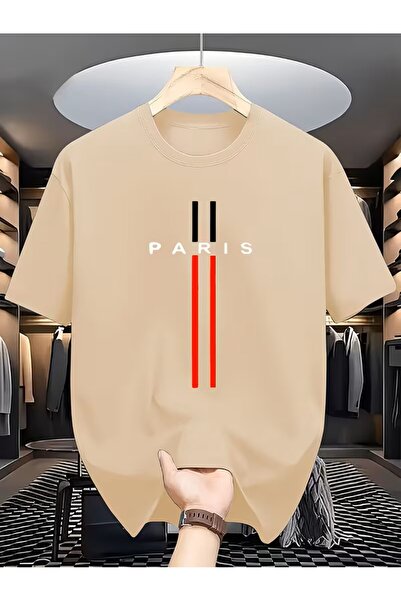 oneagılyazı Black and Red Striped Paris Printed T-Shirt, Comfortable Round Ne...