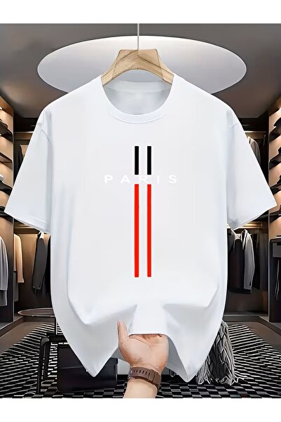 oneagılyazı Tricou negru și roșu cu dungi PARIS cu imprimeu pentru bărbați, c...