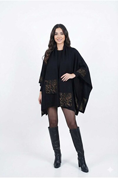 ON Ontriko Siyah Taş İşlemeli Şal Detaylı Panço