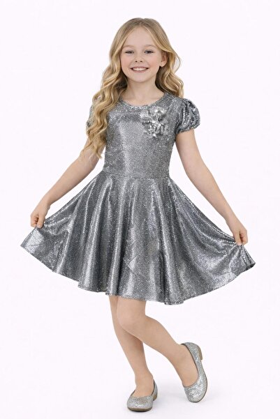 Nacar 23 Nisan 29 Ekim Gösteri Kıyafeti Kız Çocuk Gümüş Simli Kısa Kollu Pren...