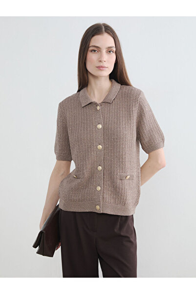 LC Waikiki Brown Polo Collar Textured Women's Knitwear Cardigan