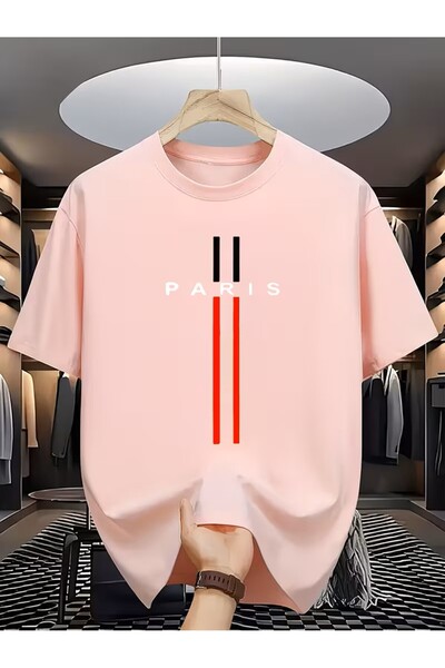 oneagılyazı Black and Red Striped Paris Printed T-Shirt, Comfortable Round Ne...