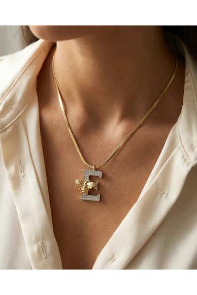 Dorvina 316L Kararmaz Çelik Renkli Zirkon Taşlı E Harfi Kolye Gold Renk Kadın...