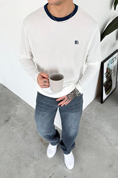 HAFKAGİYİM Ecru Old Money 90's Slim Ribbed Oversize Long Sleeve T-Shirt