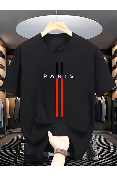 oneagılyazı Black and Red Striped Paris Printed T-Shirt, Comfortable Round Ne...