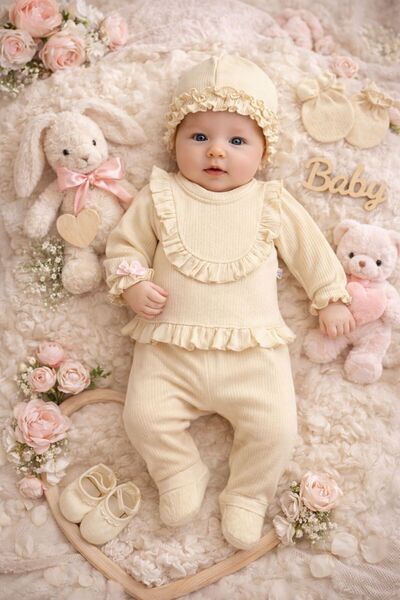 Tiny Rose Premium 5’li Yenidoğan Kız Bebek Takımı %100 Pamuk, Şapkalı Hastane Çıkışı