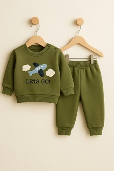 Bebelul Baby Go baby set with airplane print - Khaki, 6 months