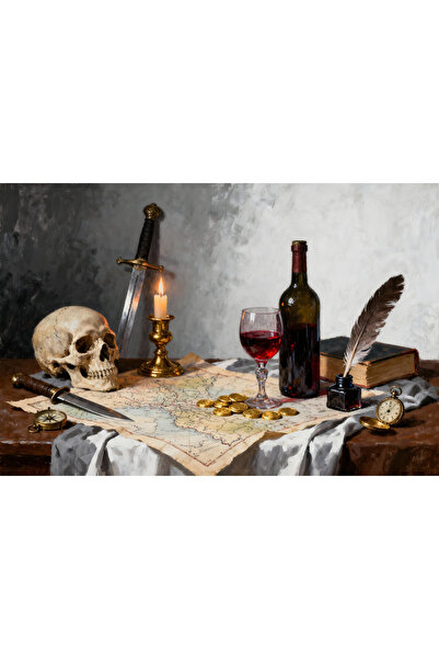 VeliumCraft Canvas Painting Medieval Still Life 7, 100x70 cm, weapons, gold, ...