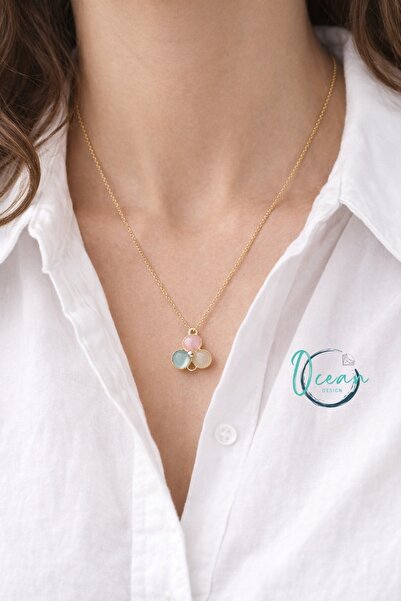 OceanDesign Minimal Çiçek Figürlü Renkli Taşlı Paslanmaz Çelik Kadın Kolye El...