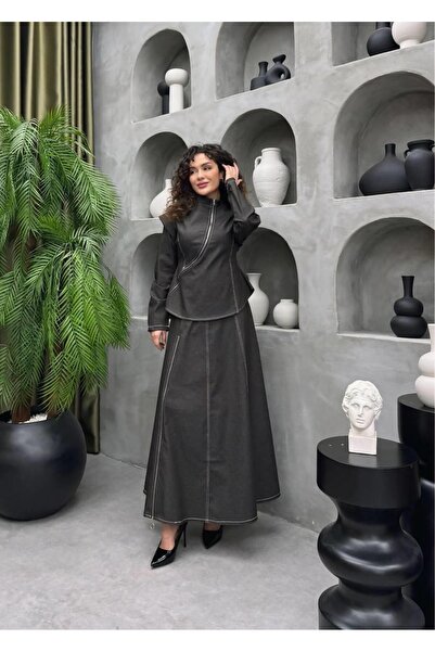 Cardella Viola Asymmetrical Zipper Detailed Jacket Skirt Set - Hijab Compatible