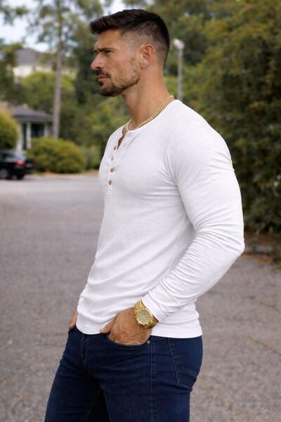 BYBÜLENT Special Edition Long Sleeve White Henley Collar Dirty Collar Buttoned Slim Fit Open Wide Collar T-Shirt T-Shirt