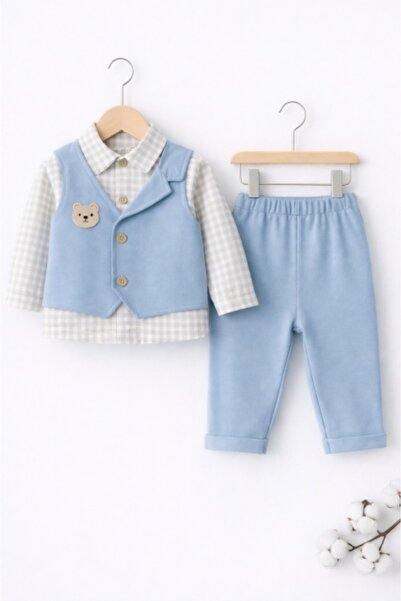 Bebelul Moeboon boys' 2-piece clothing set, plaid shirt, applique vest and gr...