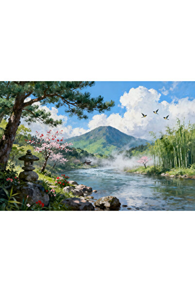 VeliumCraft Tablou Canvas Peisaj in Japonia 30, 80x50 cm, natura, flori, lac,...