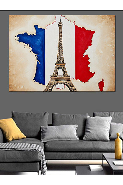 Artmeg Pânză decorativă cu steagul Franței și Turnul Eiffel - Tablou din lemn...