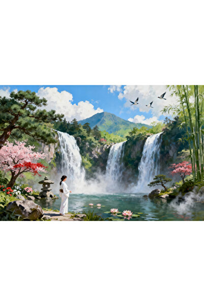 VeliumCraft Tablou Canvas Cascada in japonia 8, 70x50 cm, natura, flori, lac,...