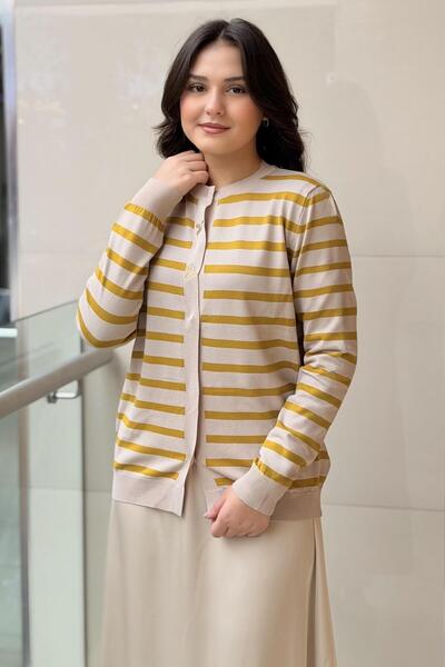 Ghisa Horizontal Striped Mercerized Cardigan with Front Snap Fasteners