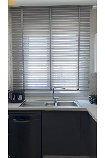 Asensan Perde % 100 Doğal Ahşap Jaluzi Gri Renk 50 mm Kurdeleli Zincirli Redü...