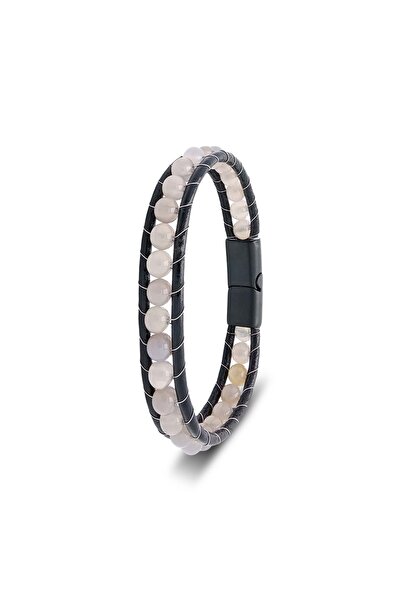 FM 6mm Smoky Quartz Leather Cord and Steel Bracelet 31832B2D6M18