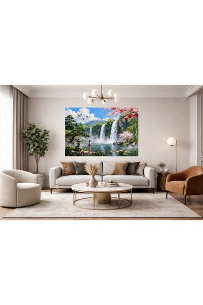 VeliumCraft Tablou Canvas Cascada in japonia 9, 90x60 cm, natura, flori, lac, padure izvor, rau, stil pictura