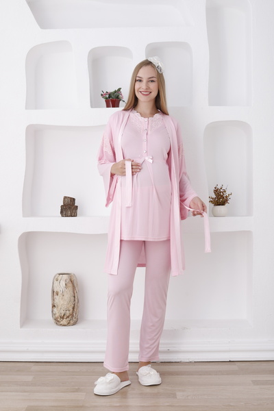 ERDENİZ TEKSTİL طقم بيجامة للحوامل مكون من 3 قطع - طقم مطرز بالدانتيل متوافق ...