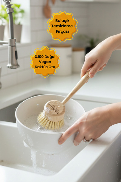 Madetoll Kitchen %100 Doğal-Vegan Kaktüs Otu Uzun Saplı Bulaşık Fırçası & Dek...