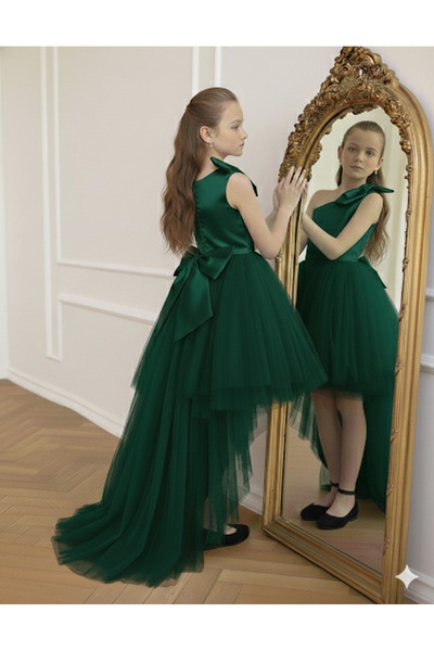 Star Kids Girl's Emerald Green Graduation Dress with Tail Detail and Bow Tull...