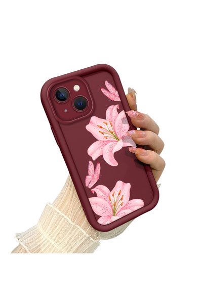 quırkshıeld iPhone 13 Compatible Silicone Material Shockproof Burgundy Color Case Lily Pattern