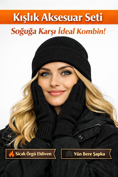 Luna Nueva Women's Beanie Hat and Glove Set Black Stylish Winter Knitwear Bea...