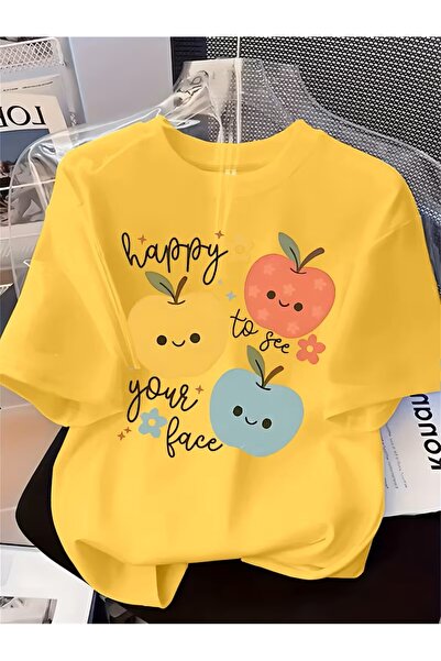 oneagılyazı تي شيرت نسائي مطبوع بنمط التفاح |   ياقة دائرية، أكمام قصيرة،