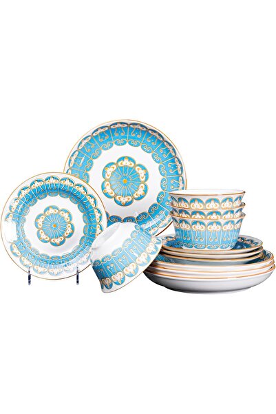 Gerenic طقم عشاء من السيراميك مكون من 12 قطعة بنقوش زرقاء وذهبية