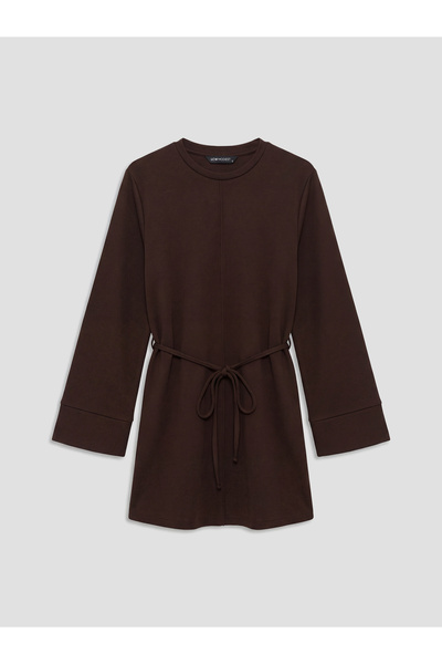 LC Waikiki LCW Modest Kahverengi Kuşaklı Soft Touch Kadın Sweatshirt Tunik