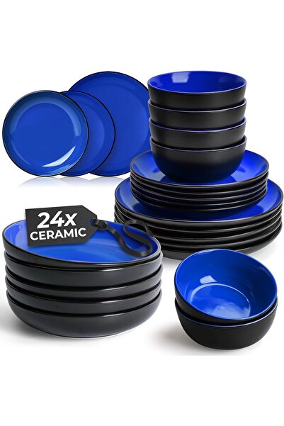 MIAMIO طقم عشاء من 24 قطعة، يكفي لـ 6 أشخاص، مصنوع من الخزف الحجري، يشمل أطبا...