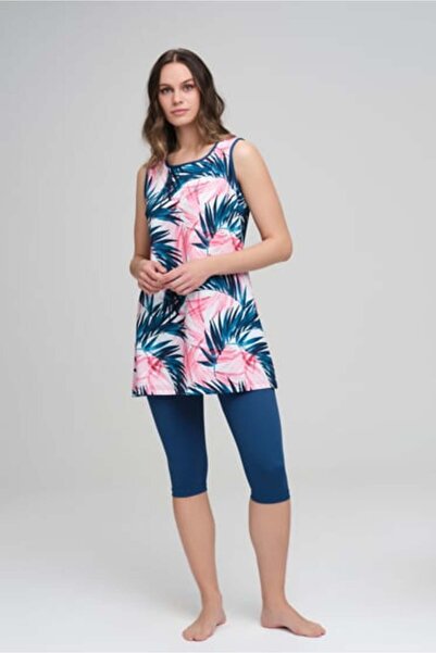 Haşema Зелен бански костюм без ръкави с мотив от слънчеви листа