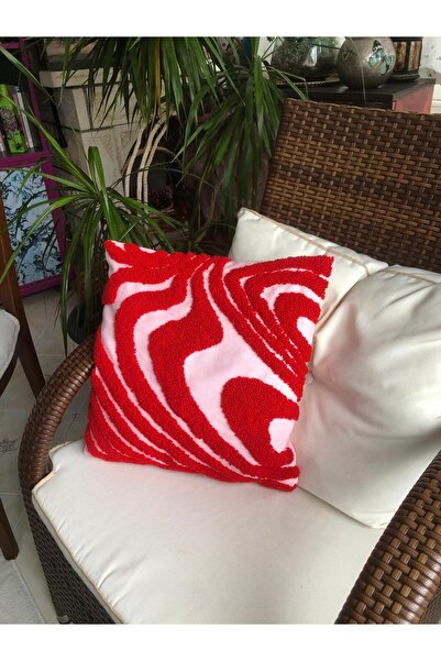 Pembe Kumaşa, Kırmızı İp İle İşlenmiş Punch (punç-panç) Kırlent/Yastık Kılıfı 40*40 cm- Balkon - Veranda - Oturma Odası - Evin Her Köşesine Uygun