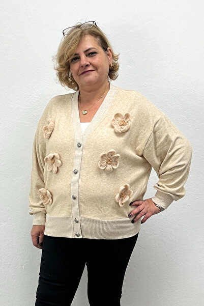 Mia Butik Women's Beige Daisy Detailed Stylish Cardigan