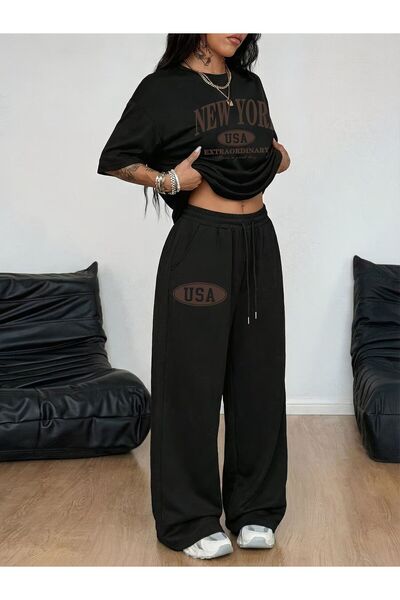 macklin Women's New York Usa Printed Oversize T-Shirt and Baggy Sweatpants - ...