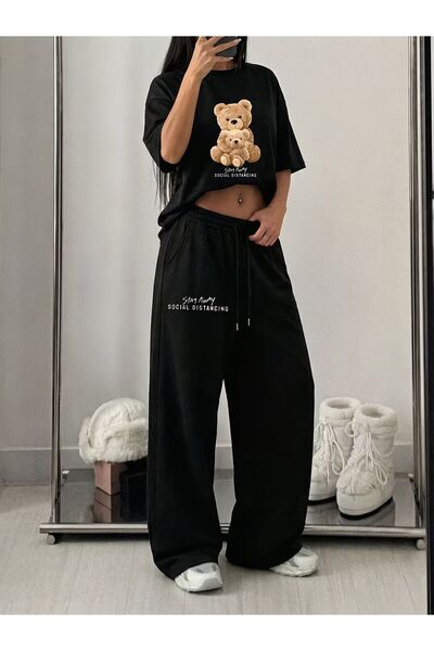 macklin Women's Stay Away Bear Printed Oversized T-Shirt and Baggy Sweatpants...