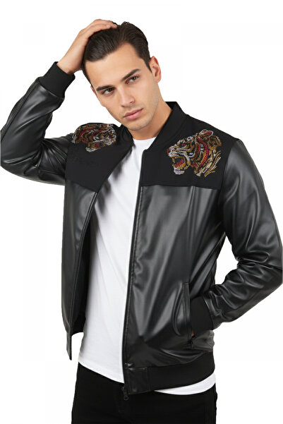 DeepSEA Black Tiger Stone Detailed Slim Fit Lycra College Collar Men's Faux L...