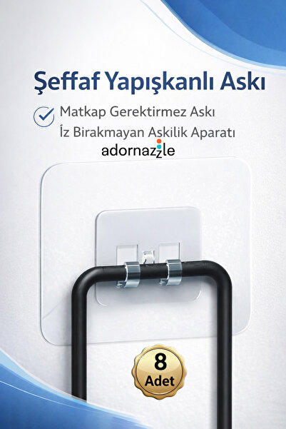 adornazzle 8 Adet Şeffaf Yapışkanlı Askı, Duvar Kancası, Matkap Gerektirmez A...