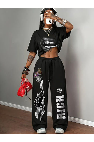 macklin Women's Lip Rich Printed Oversize Tshirt and Baggy Sweatpants - Summe...