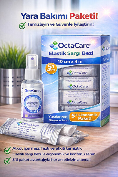 Octamed CleanSmart 50 ml + 5 Adet OctaCare Elastik Sargı Bezi 10×4 m | Ekonomik Yara Bakım Paketi