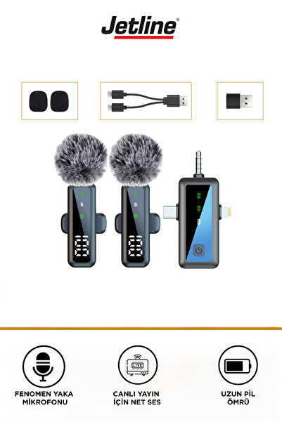 JETLİNE Yaka Mikrofonu h99 Type-C Lightning Aux 2 Adet 3IN1 Kablosuz Mikrofon...
