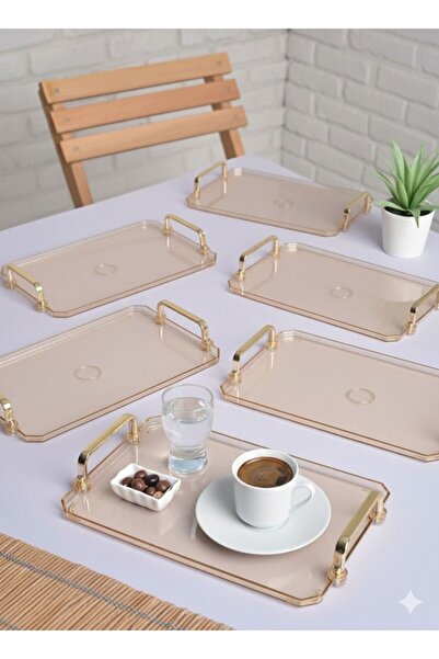 ozbience 6'lı Gold Kulplu Türk Kahvesi Sunum Tepsisi, 25x17cm, şık bakır set