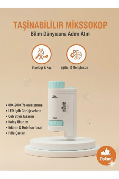 TeknoEser Taşınabilir El Mikroskobu 60X-120X Zoom LED Işıklı - Çocuklar İçin ...