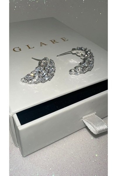 GLARE JEWELRY CO Melek Kanadı Modeli Lüks Zirkon Taşlı Çelik Küpe (çivi kısmı...