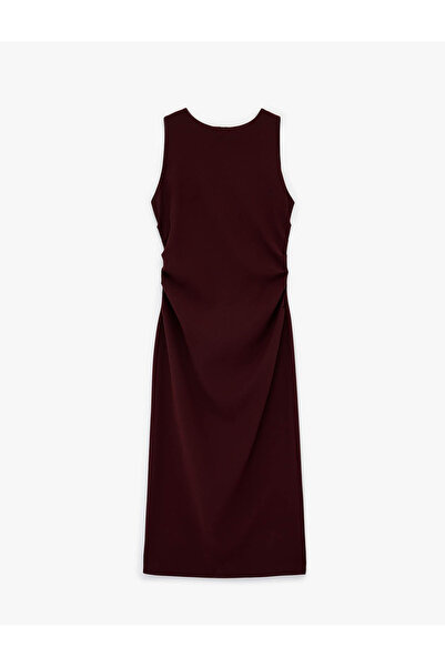 Koton Kolsuz Bisiklet Yaka Krep Kumaş Slim Fit Drape Detaylı Midi Elbise