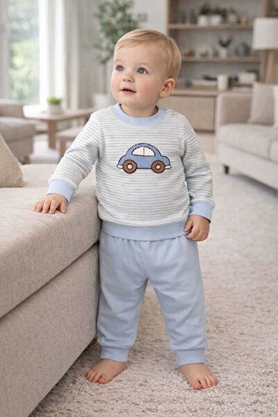 Tenra Embossed Car Printed Baby Set Top and Bottom 100% Cotton